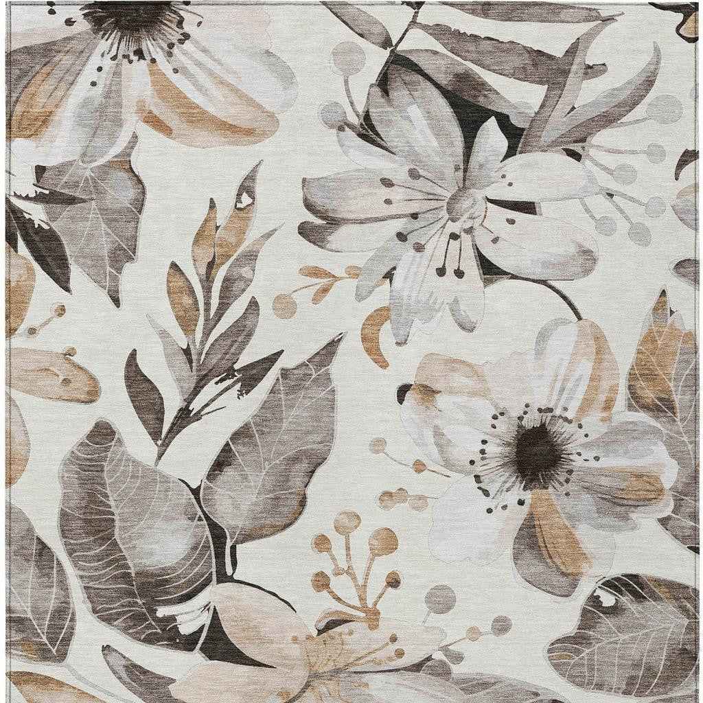 9' X 12' Ivory Charcoal And Wheat Floral Washable Indoor Outdoor Area Rug