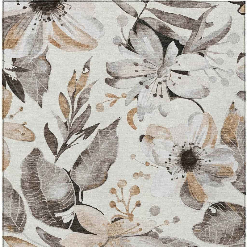 9' X 12' Ivory Charcoal And Wheat Floral Washable Indoor Outdoor Area Rug
