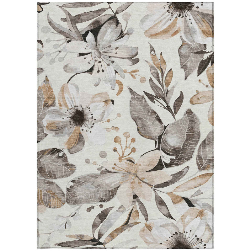9' X 12' Ivory Charcoal And Wheat Floral Washable Indoor Outdoor Area Rug