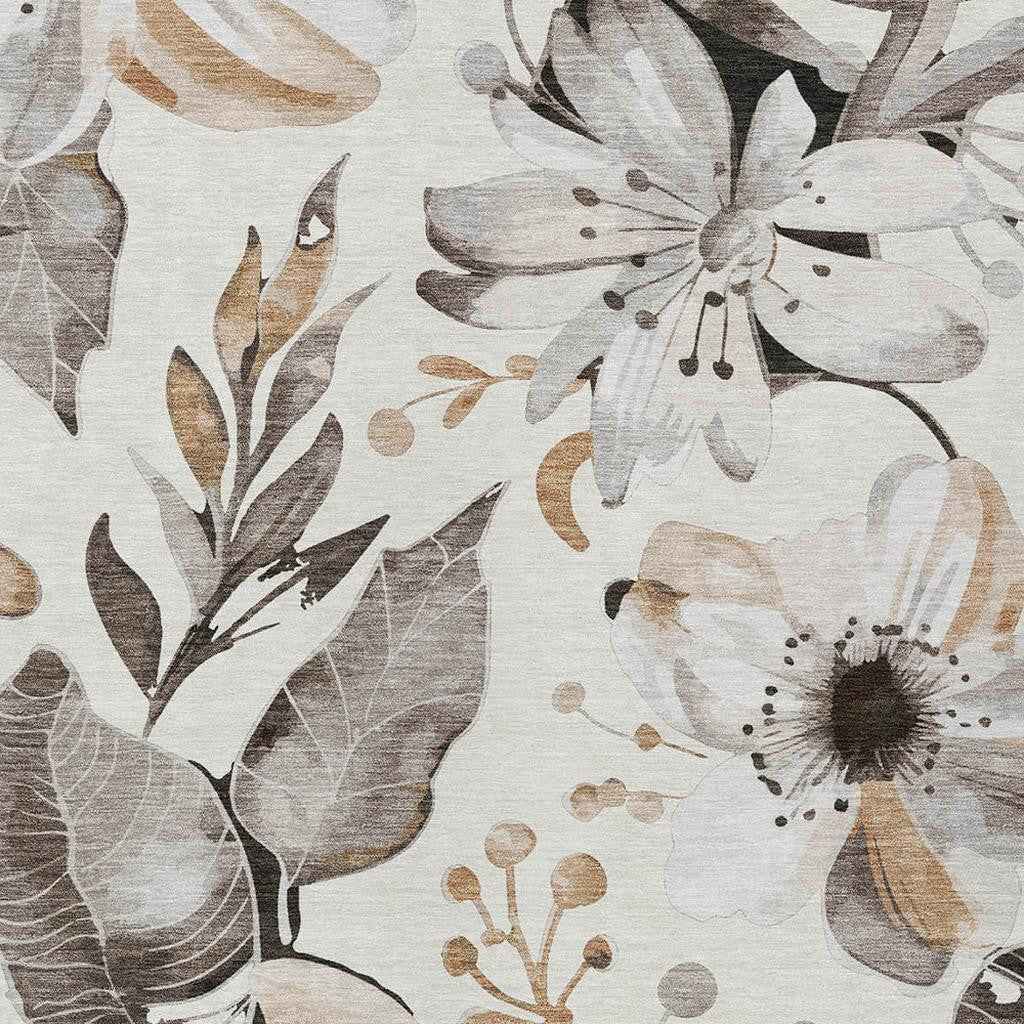 9' X 12' Ivory Charcoal And Wheat Floral Washable Indoor Outdoor Area Rug