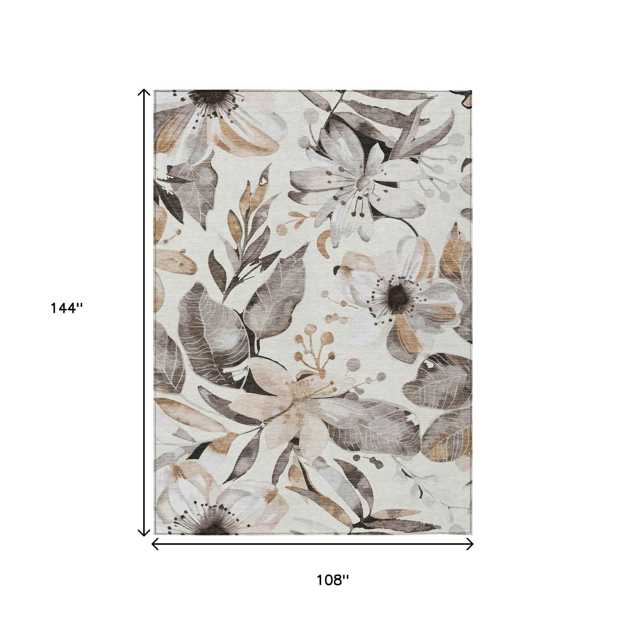 9' X 12' Ivory Charcoal And Wheat Floral Washable Indoor Outdoor Area Rug