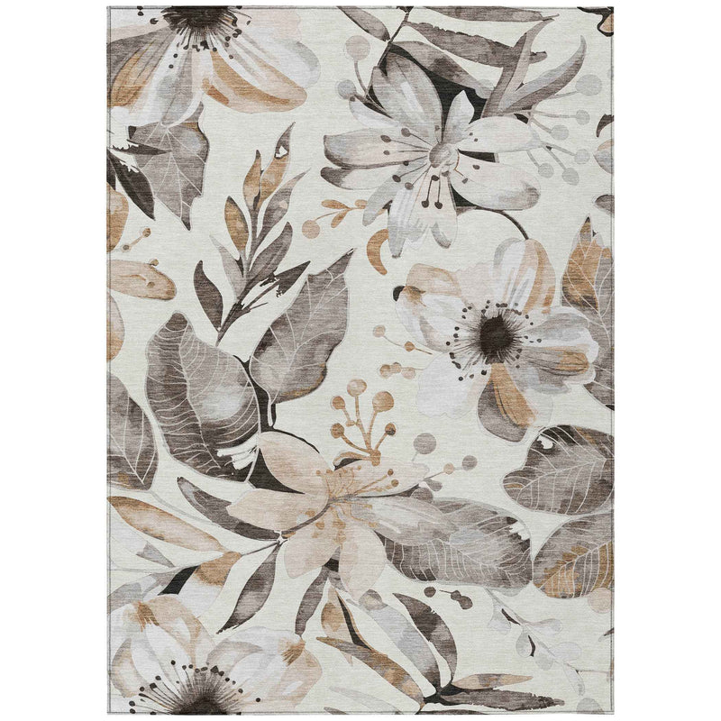9' X 12' Ivory Charcoal And Wheat Floral Washable Indoor Outdoor Area Rug