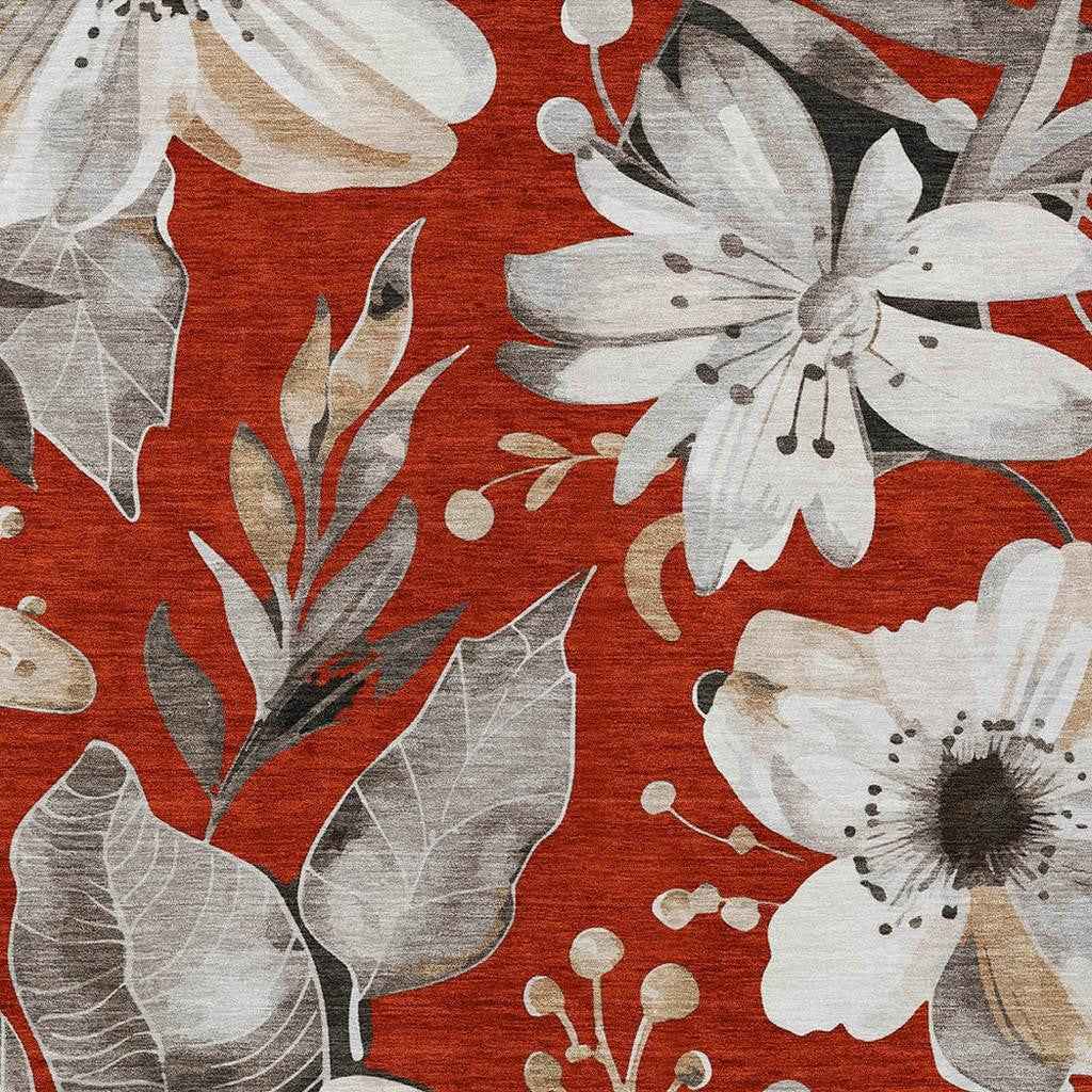 5' X 8' Red Ivory And Charcoal Floral Washable Indoor Outdoor Area Rug