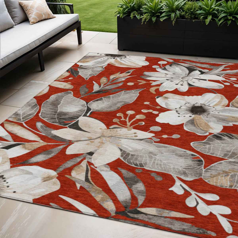 5' X 8' Red Ivory And Charcoal Floral Washable Indoor Outdoor Area Rug