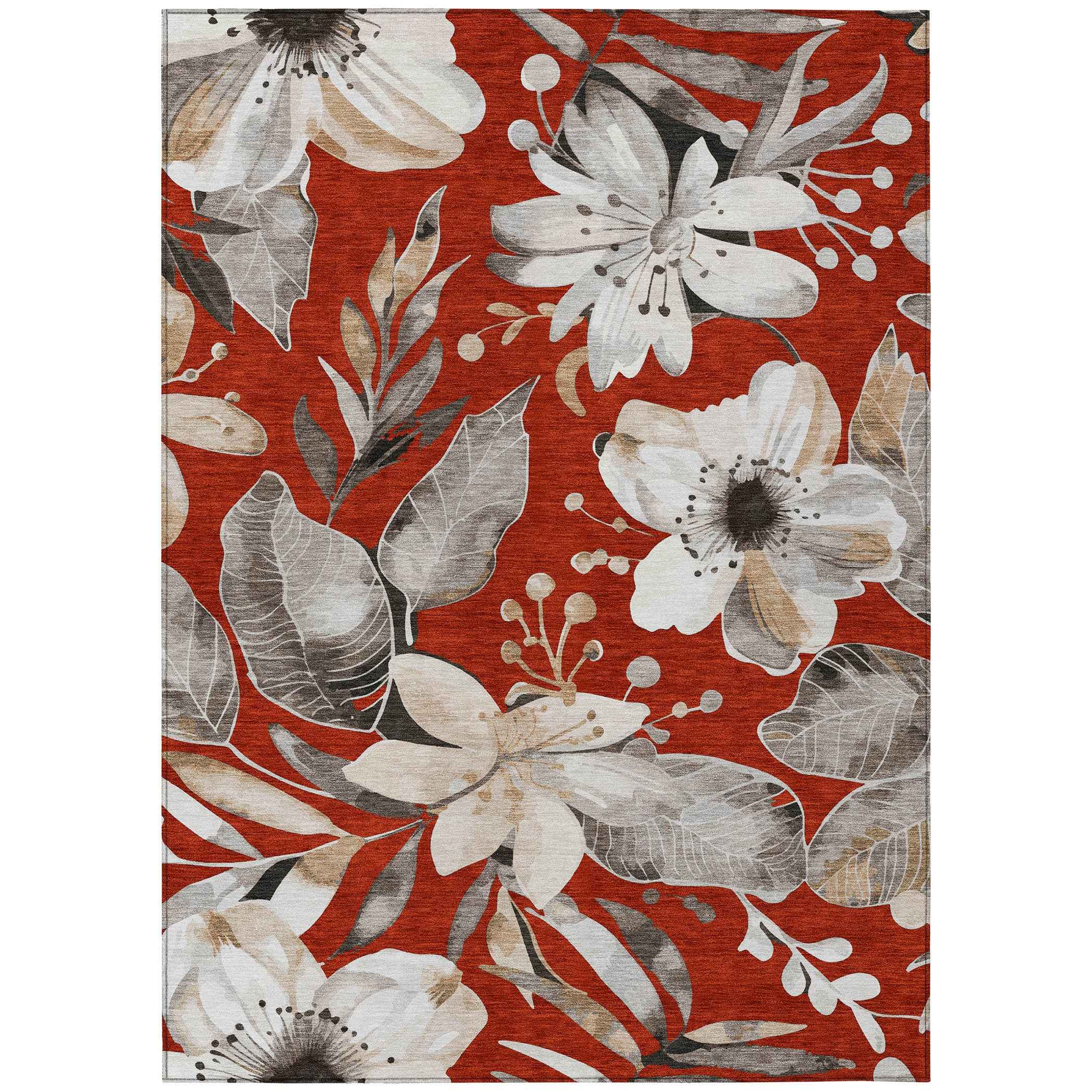 5' X 8' Red Ivory And Charcoal Floral Washable Indoor Outdoor Area Rug