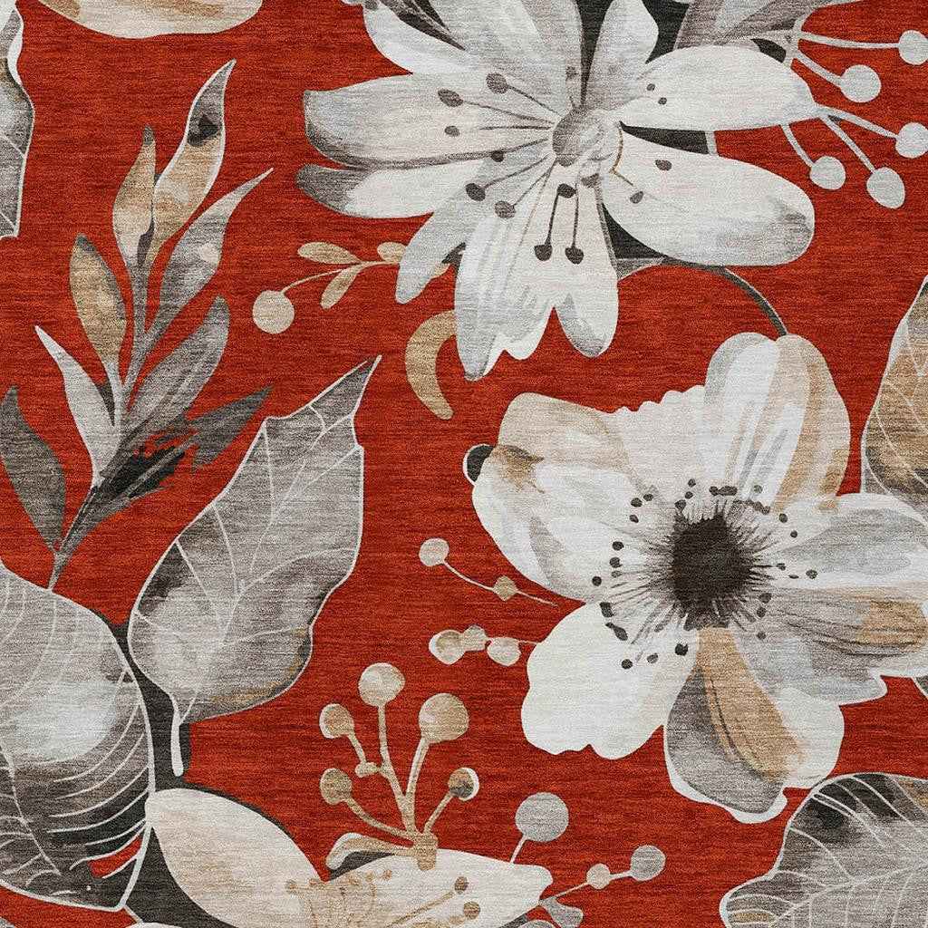 5' X 8' Red Ivory And Charcoal Floral Washable Indoor Outdoor Area Rug