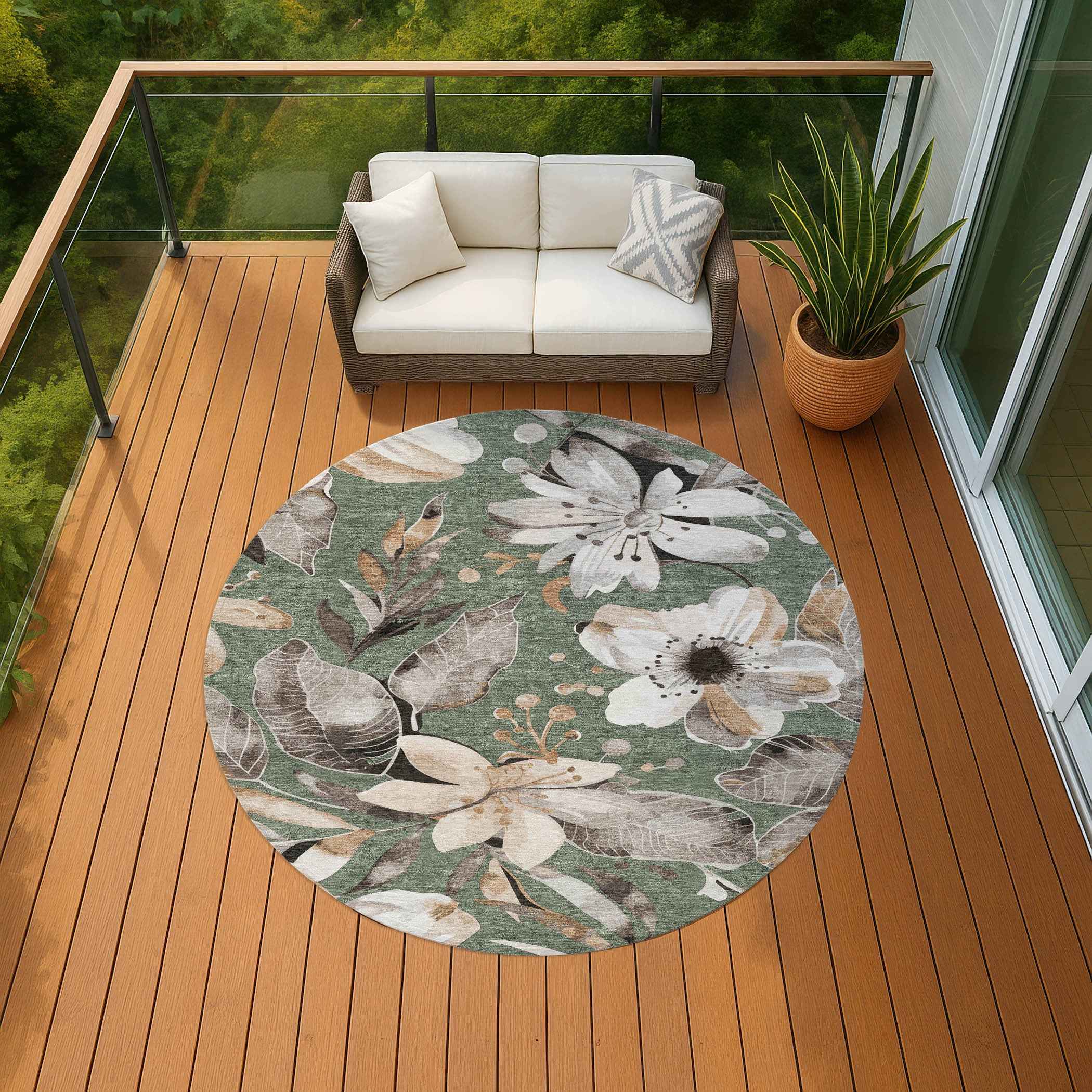 8' Sage Ivory And Charcoal Round Floral Washable Indoor Outdoor Area Rug