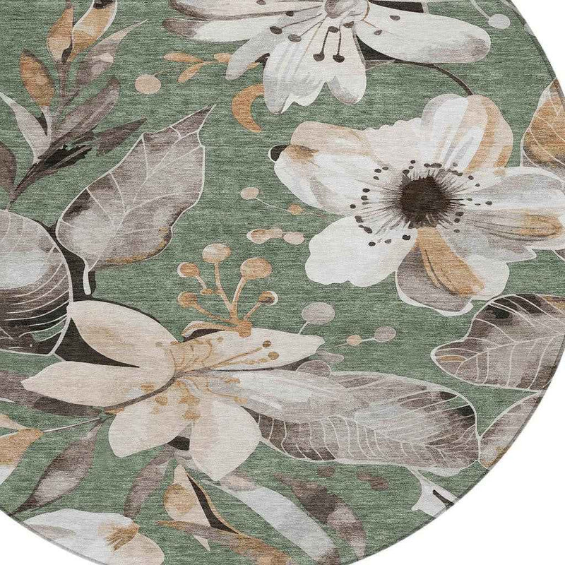 8' Sage Ivory And Charcoal Round Floral Washable Indoor Outdoor Area Rug