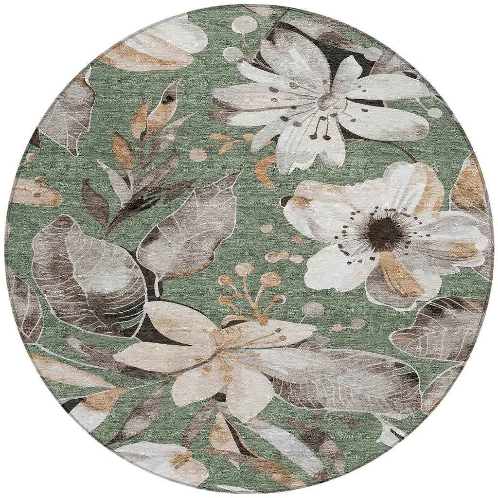 8' Sage Ivory And Charcoal Round Floral Washable Indoor Outdoor Area Rug