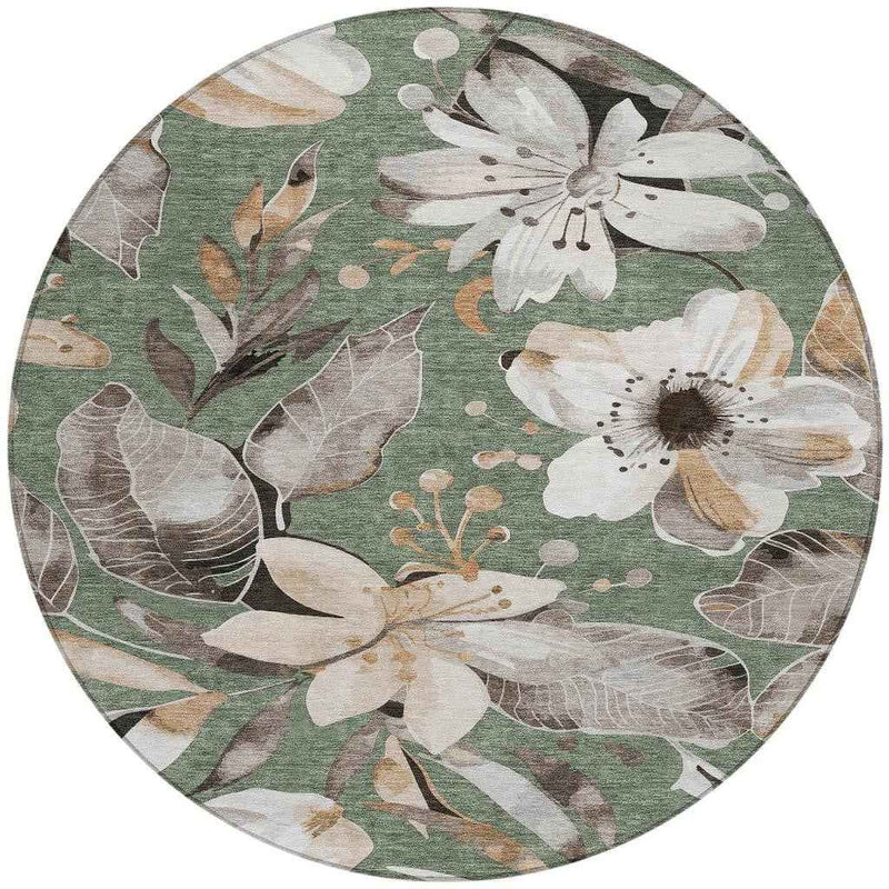 8' Sage Ivory And Charcoal Round Floral Washable Indoor Outdoor Area Rug