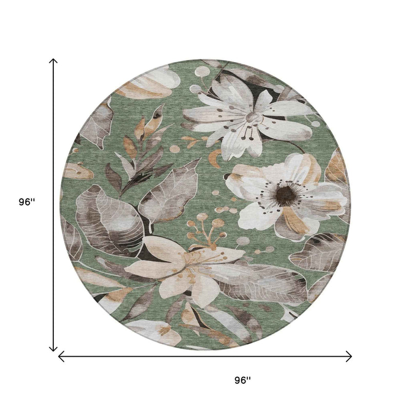 8' Sage Ivory And Charcoal Round Floral Washable Indoor Outdoor Area Rug