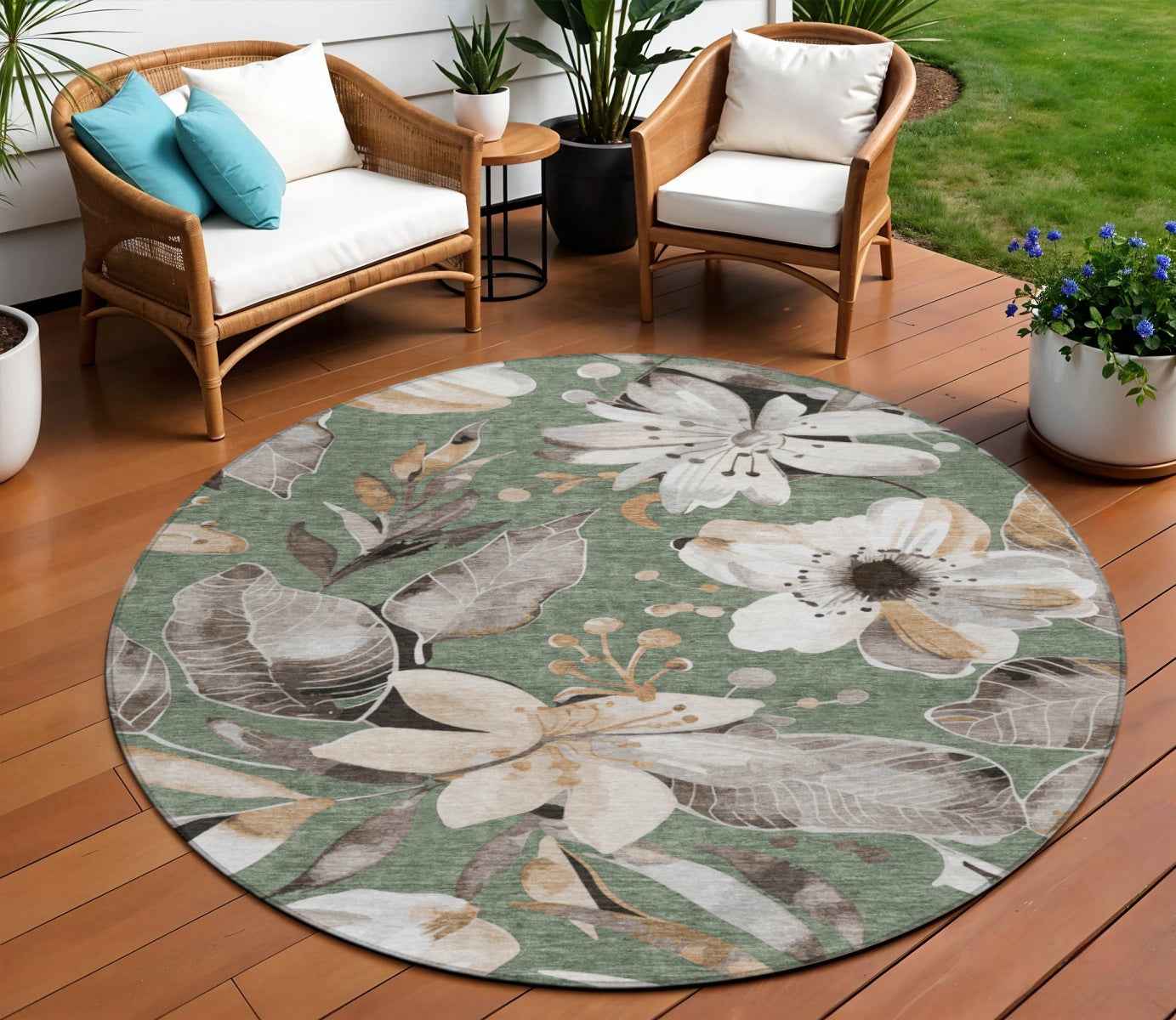 8' Sage Ivory And Charcoal Round Floral Washable Indoor Outdoor Area Rug