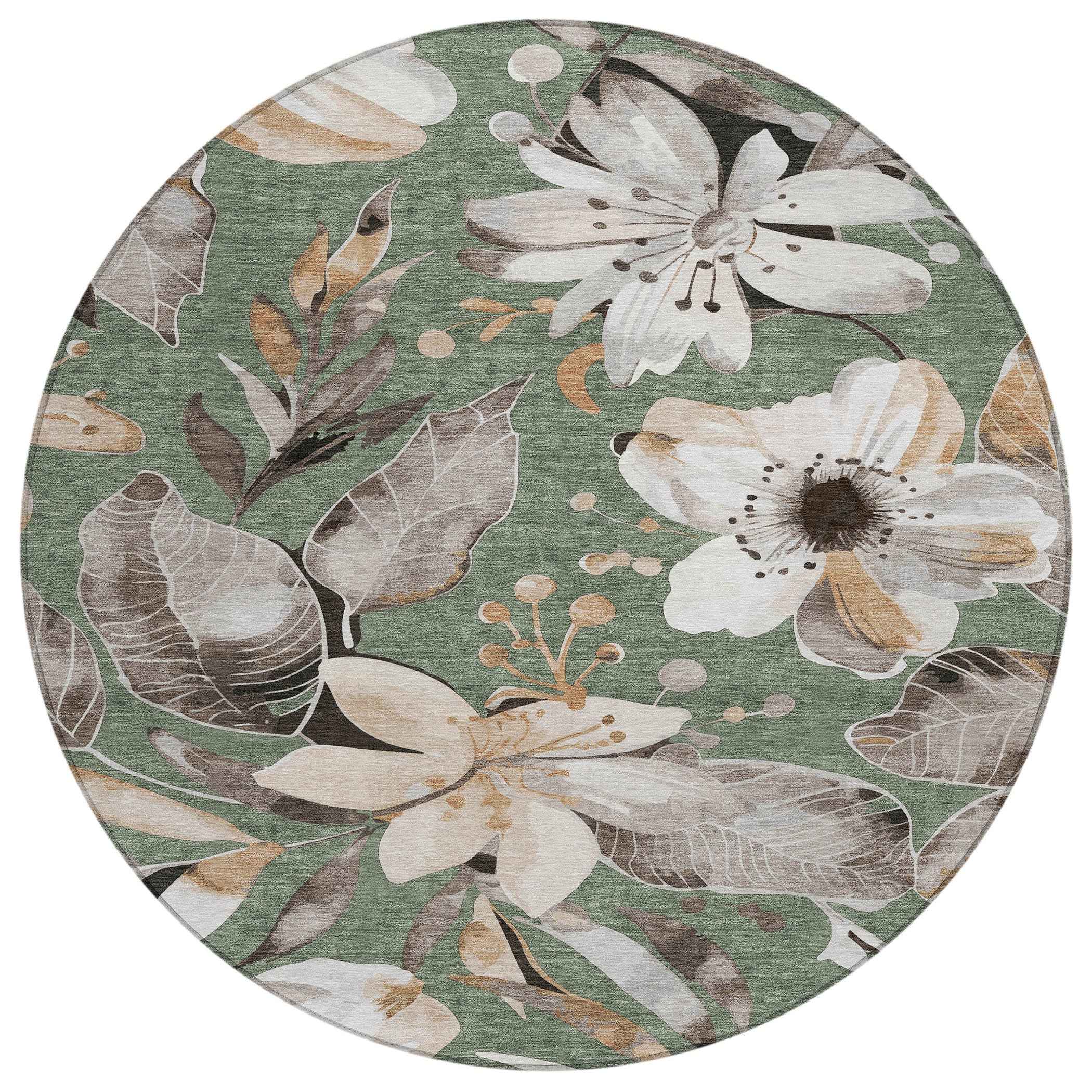 8' Sage Ivory And Charcoal Round Floral Washable Indoor Outdoor Area Rug
