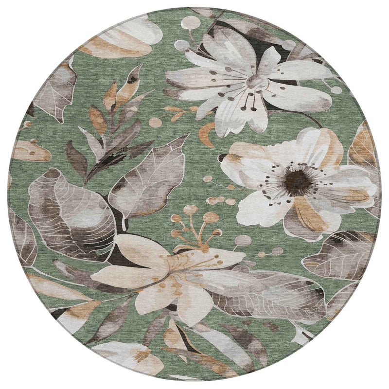 8' Sage Ivory And Charcoal Round Floral Washable Indoor Outdoor Area Rug