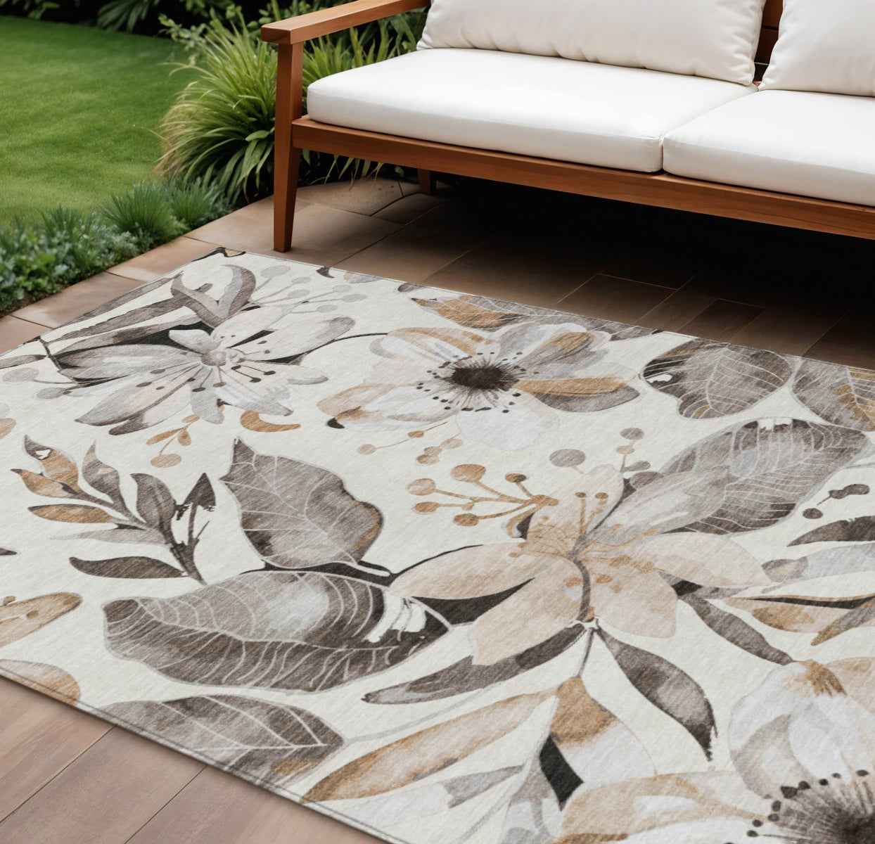 8' X 10' Ivory Charcoal And Wheat Floral Washable Indoor Outdoor Area Rug