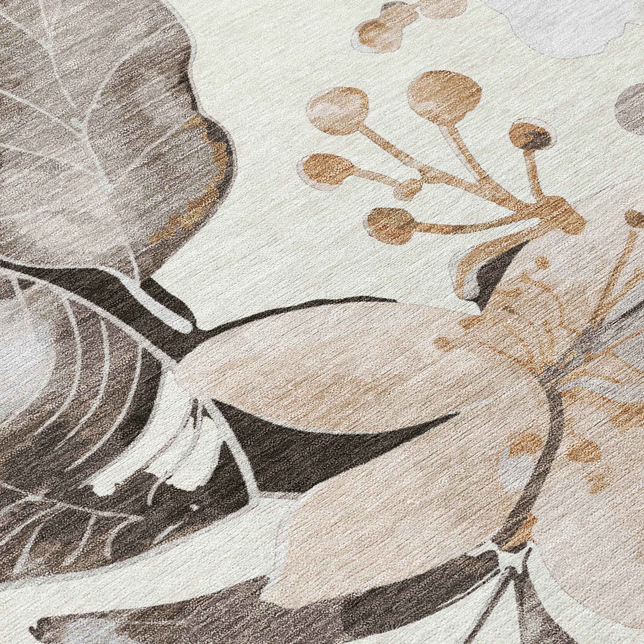 8' X 10' Ivory Charcoal And Wheat Floral Washable Indoor Outdoor Area Rug