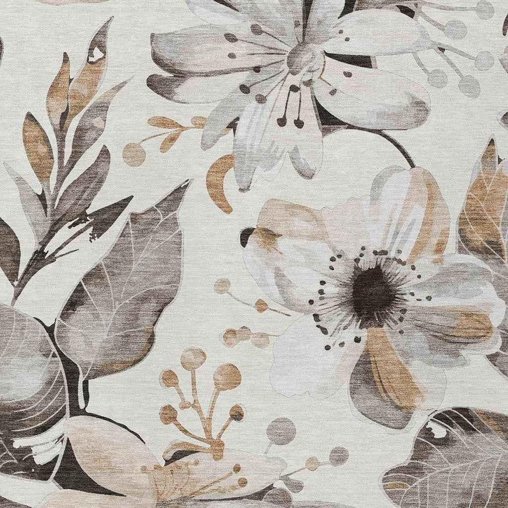 8' X 10' Ivory Charcoal And Wheat Floral Washable Indoor Outdoor Area Rug