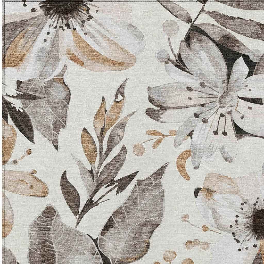 8' X 10' Ivory Charcoal And Wheat Floral Washable Indoor Outdoor Area Rug