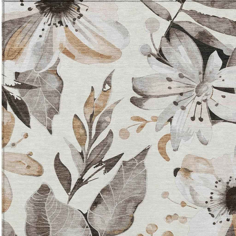 8' X 10' Ivory Charcoal And Wheat Floral Washable Indoor Outdoor Area Rug