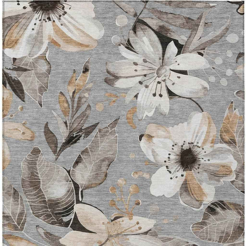 5' X 8' Gray Ivory And Charcoal Floral Washable Indoor Outdoor Area Rug