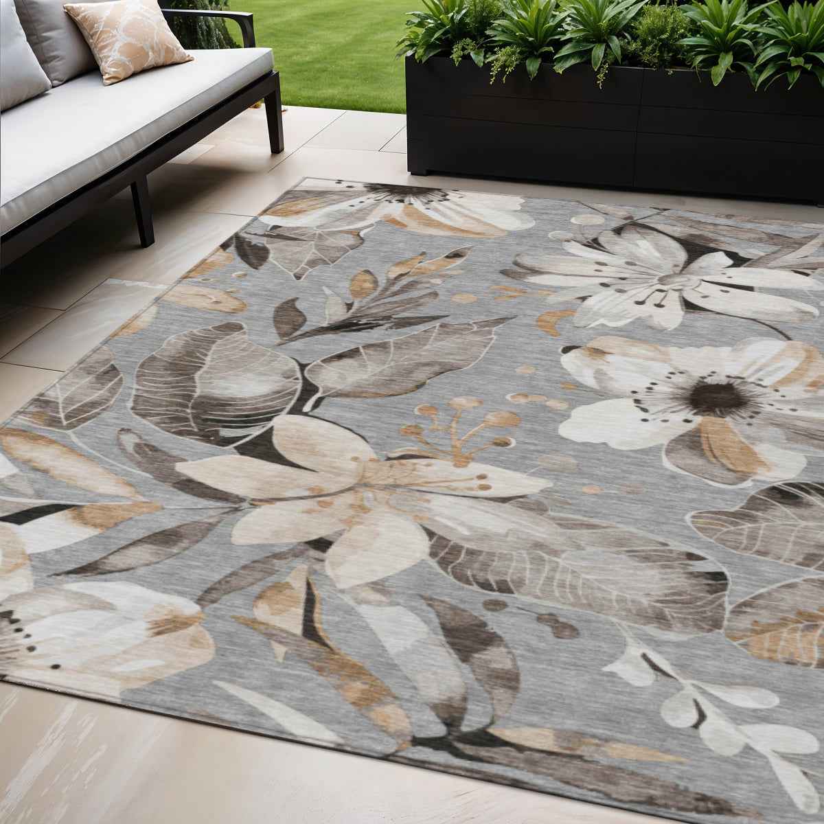 5' X 8' Gray Ivory And Charcoal Floral Washable Indoor Outdoor Area Rug