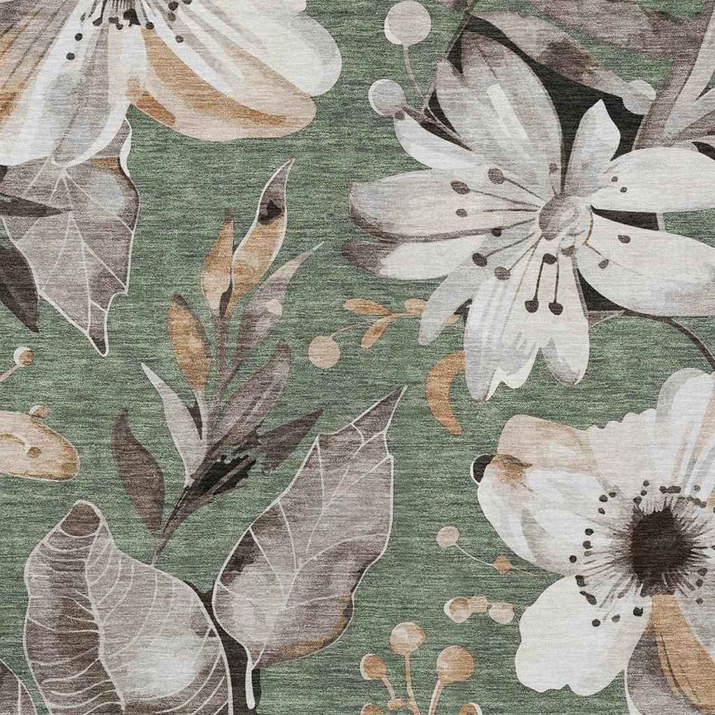 10' X 14' Sage Ivory And Charcoal Floral Washable Indoor Outdoor Area Rug