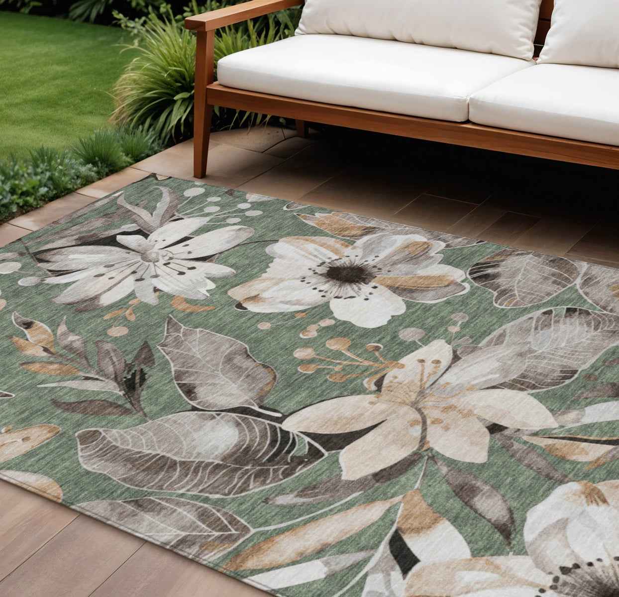 10' X 14' Sage Ivory And Charcoal Floral Washable Indoor Outdoor Area Rug