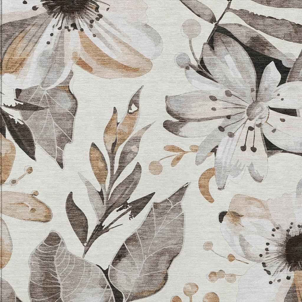 3' X 5' Ivory Charcoal And Wheat Floral Washable Indoor Outdoor Area Rug