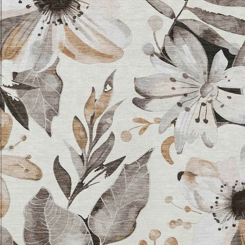 3' X 5' Ivory Charcoal And Wheat Floral Washable Indoor Outdoor Area Rug