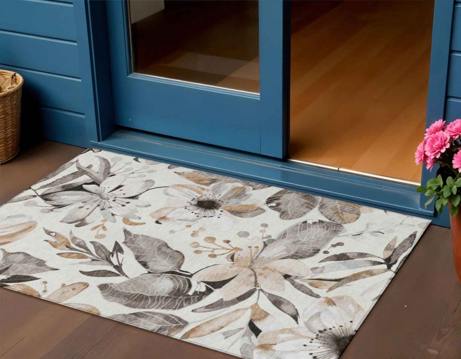 3' X 5' Ivory Charcoal And Wheat Floral Washable Indoor Outdoor Area Rug