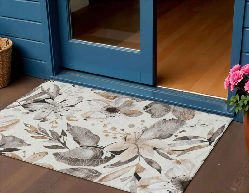 3' X 5' Ivory Charcoal And Wheat Floral Washable Indoor Outdoor Area Rug