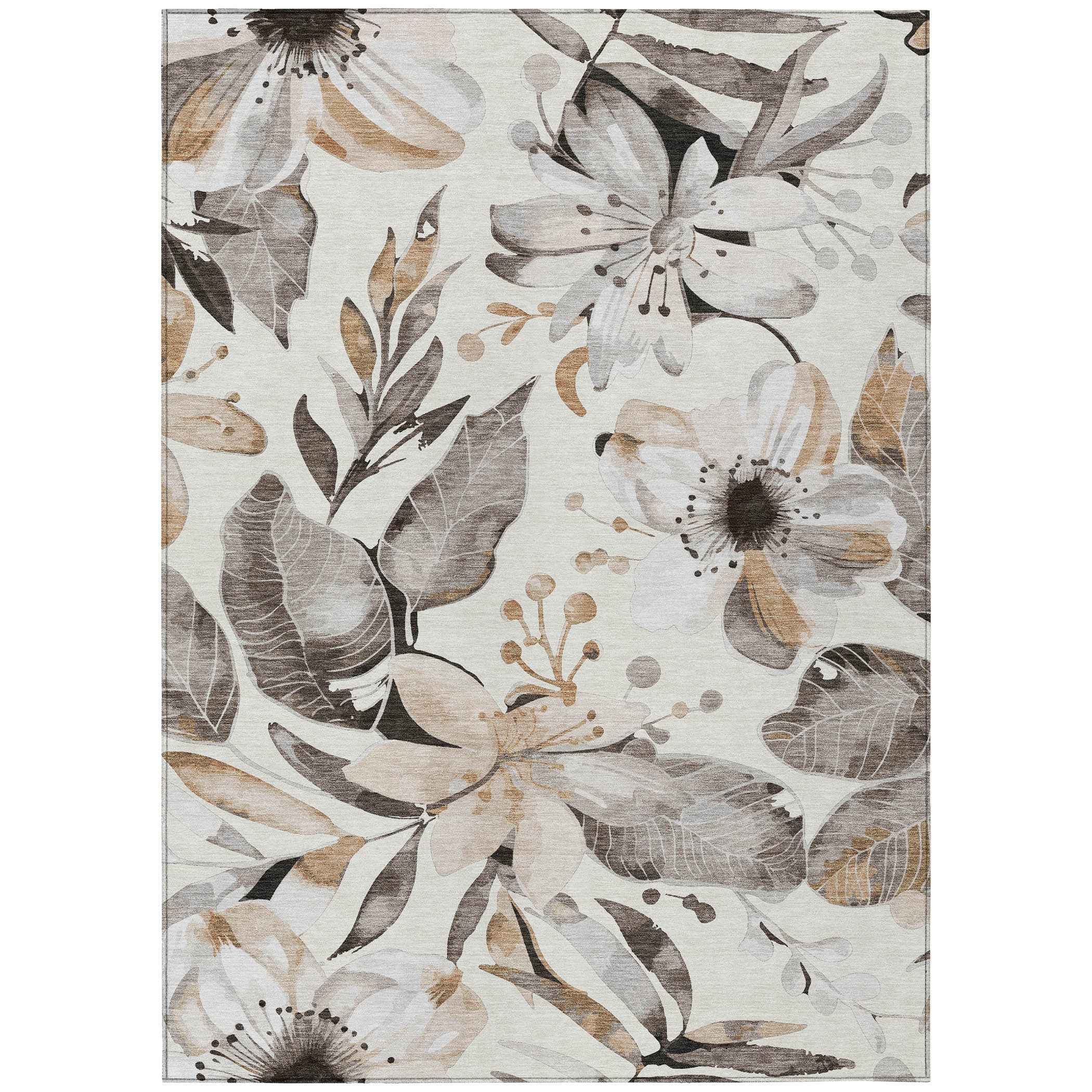 3' X 5' Ivory Charcoal And Wheat Floral Washable Indoor Outdoor Area Rug