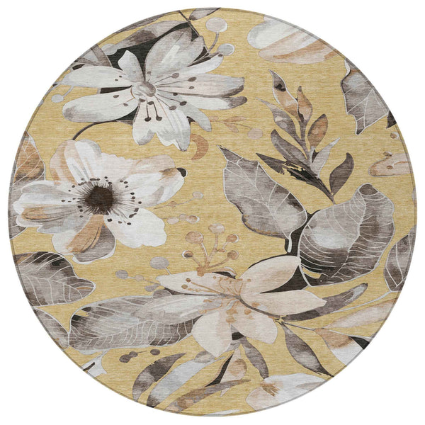 8' Gold Ivory And Charcoal Round Floral Washable Indoor Outdoor Area Rug