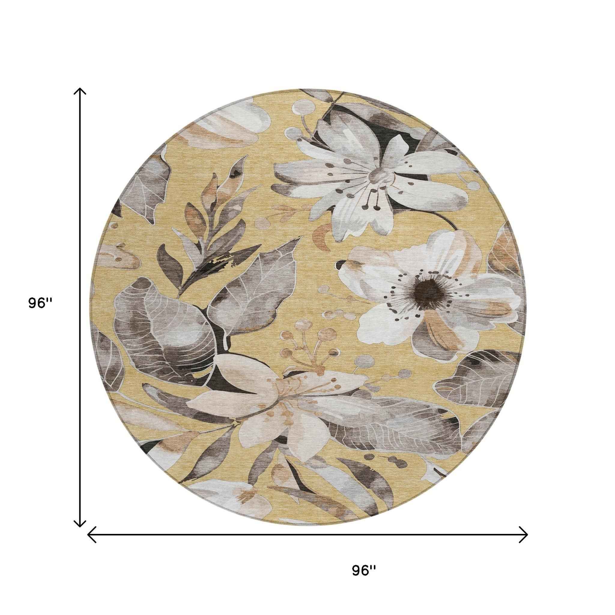 8' Gold Ivory And Charcoal Round Floral Washable Indoor Outdoor Area Rug