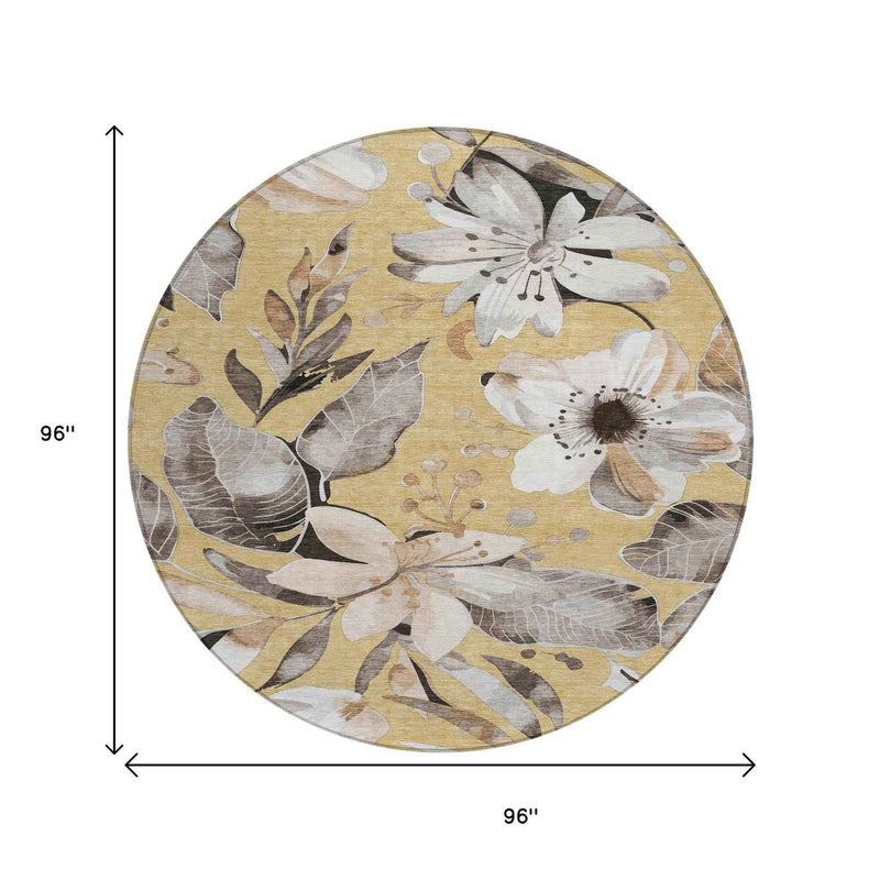 8' Gold Ivory And Charcoal Round Floral Washable Indoor Outdoor Area Rug