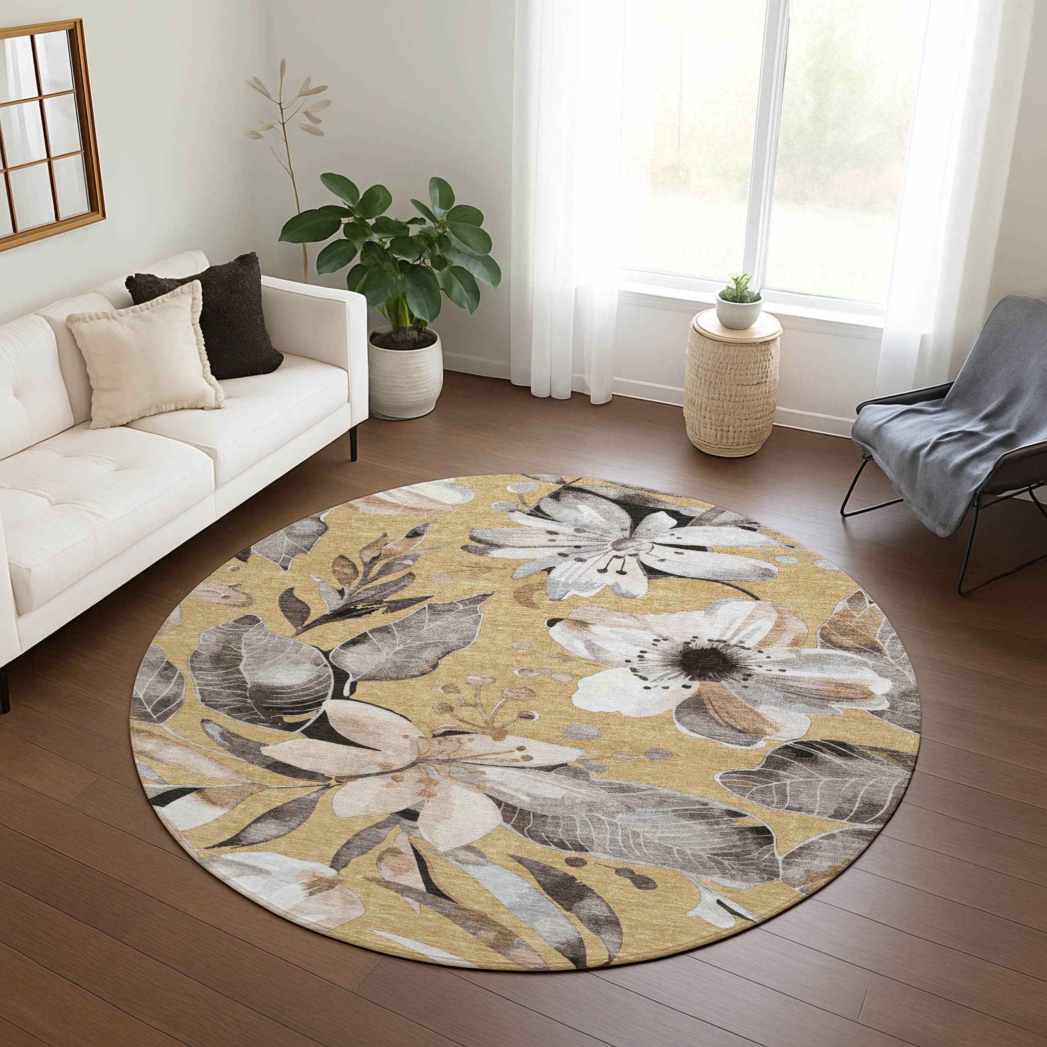 8' Gold Ivory And Charcoal Round Floral Washable Indoor Outdoor Area Rug