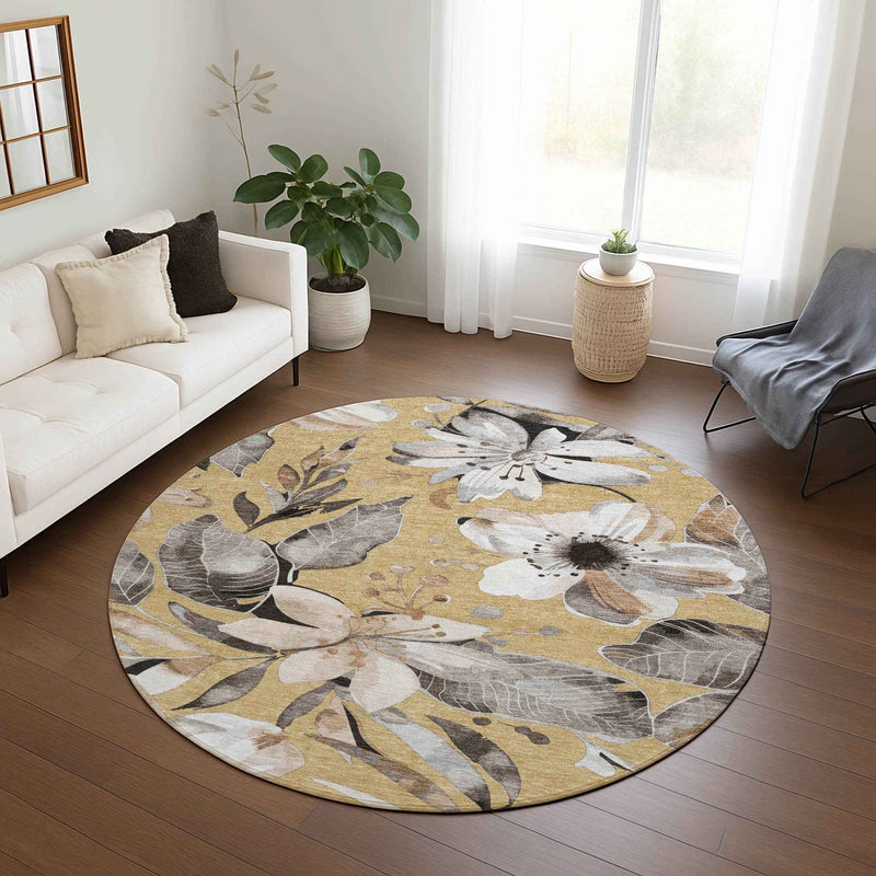 8' Gold Ivory And Charcoal Round Floral Washable Indoor Outdoor Area Rug