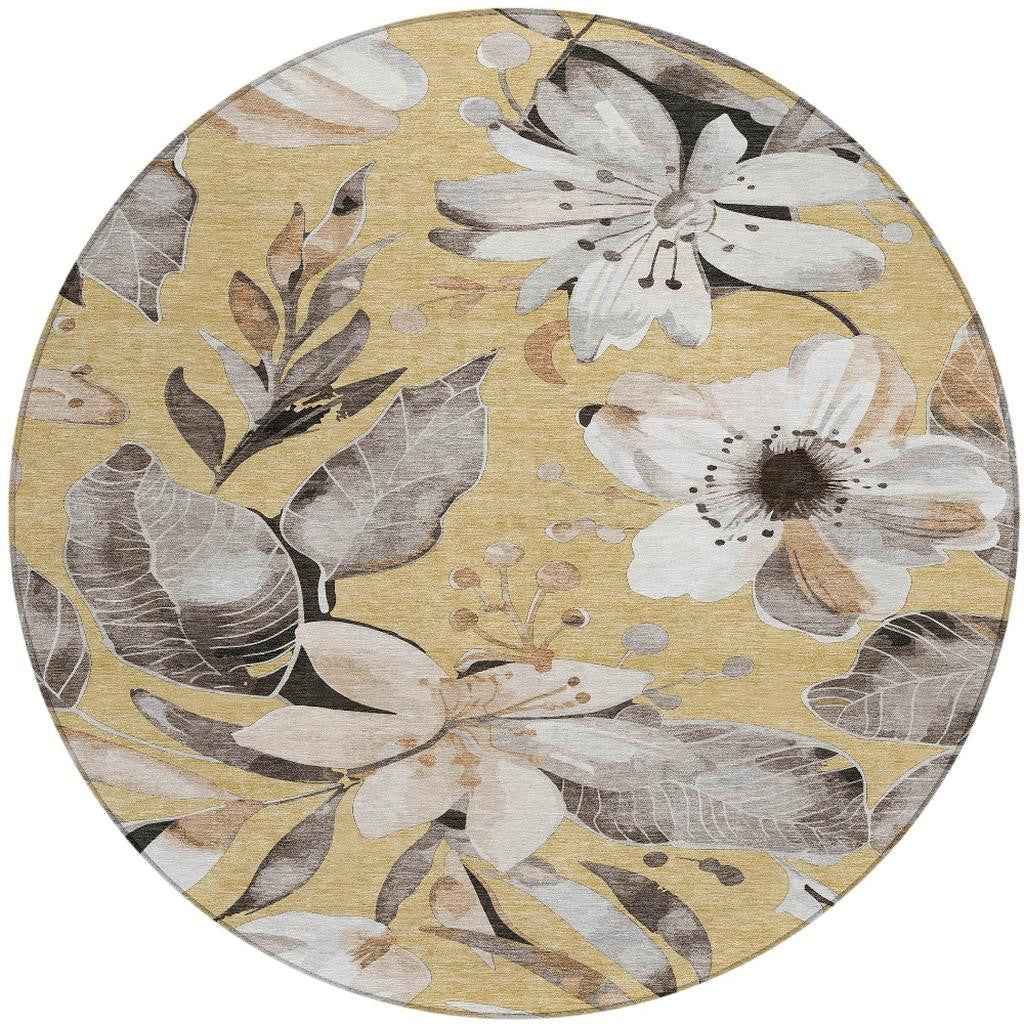 8' Gold Ivory And Charcoal Round Floral Washable Indoor Outdoor Area Rug