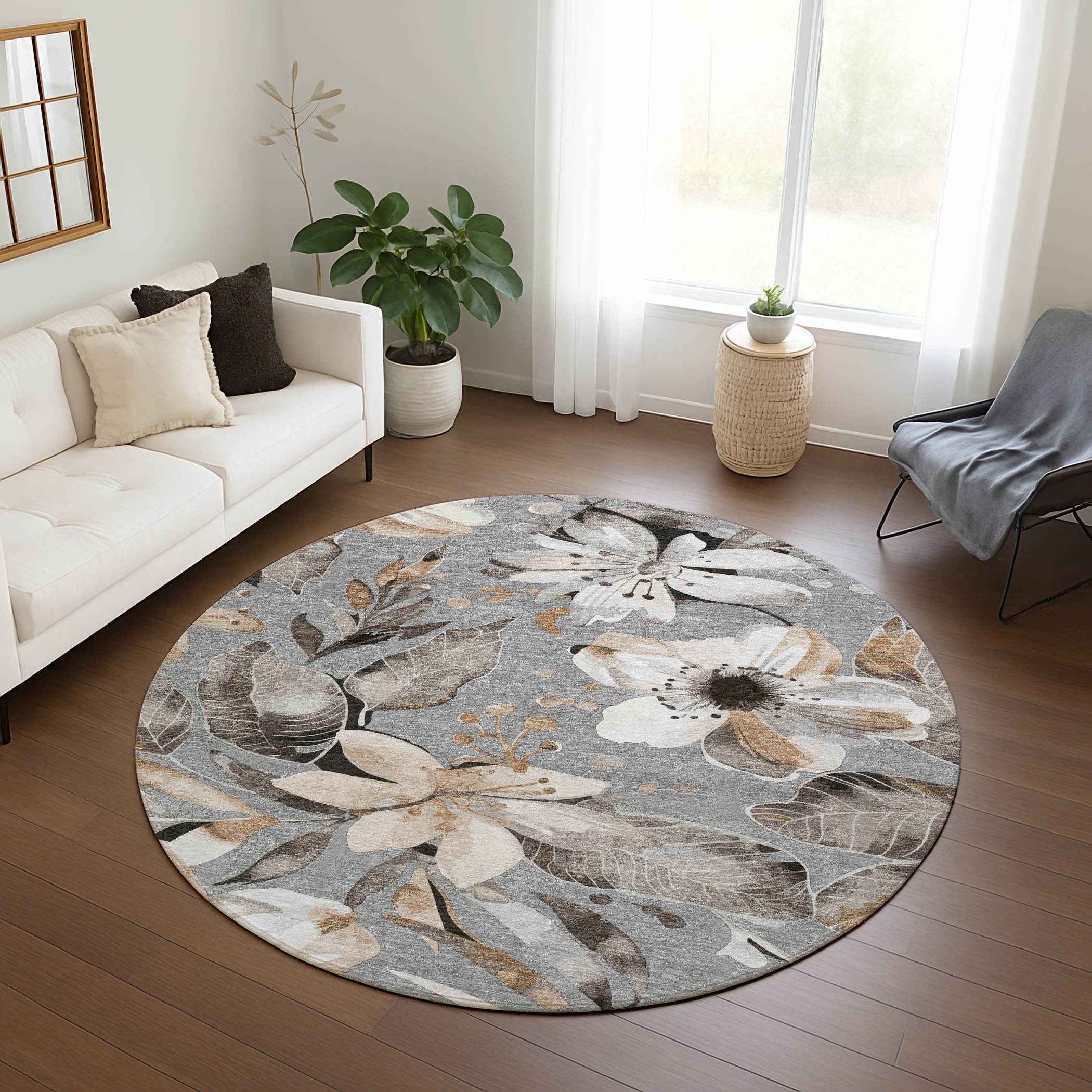 8' Gray Ivory And Charcoal Round Floral Washable Indoor Outdoor Area Rug
