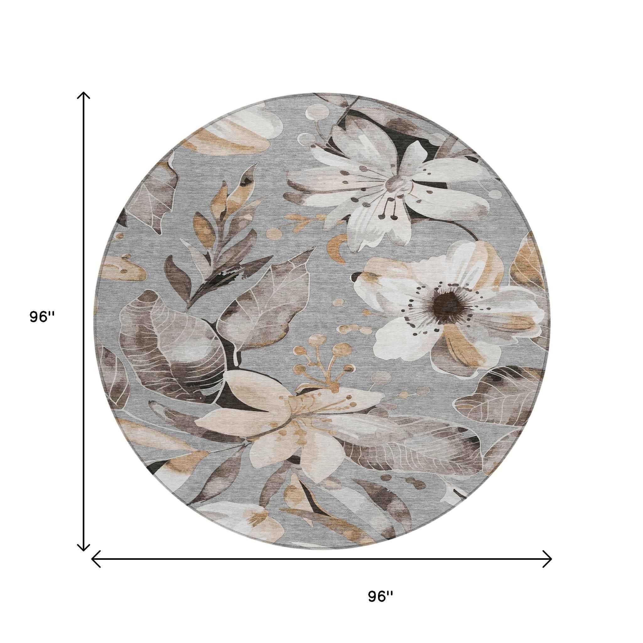 8' Gray Ivory And Charcoal Round Floral Washable Indoor Outdoor Area Rug