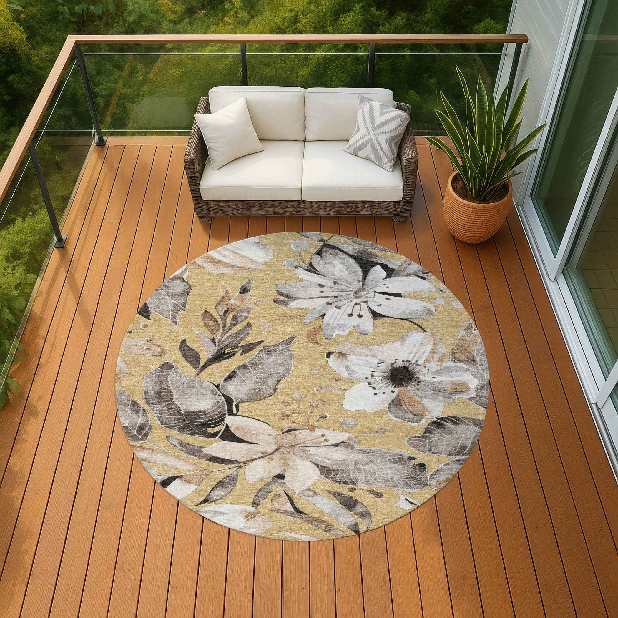 8' Gold Ivory And Charcoal Round Floral Washable Indoor Outdoor Area Rug
