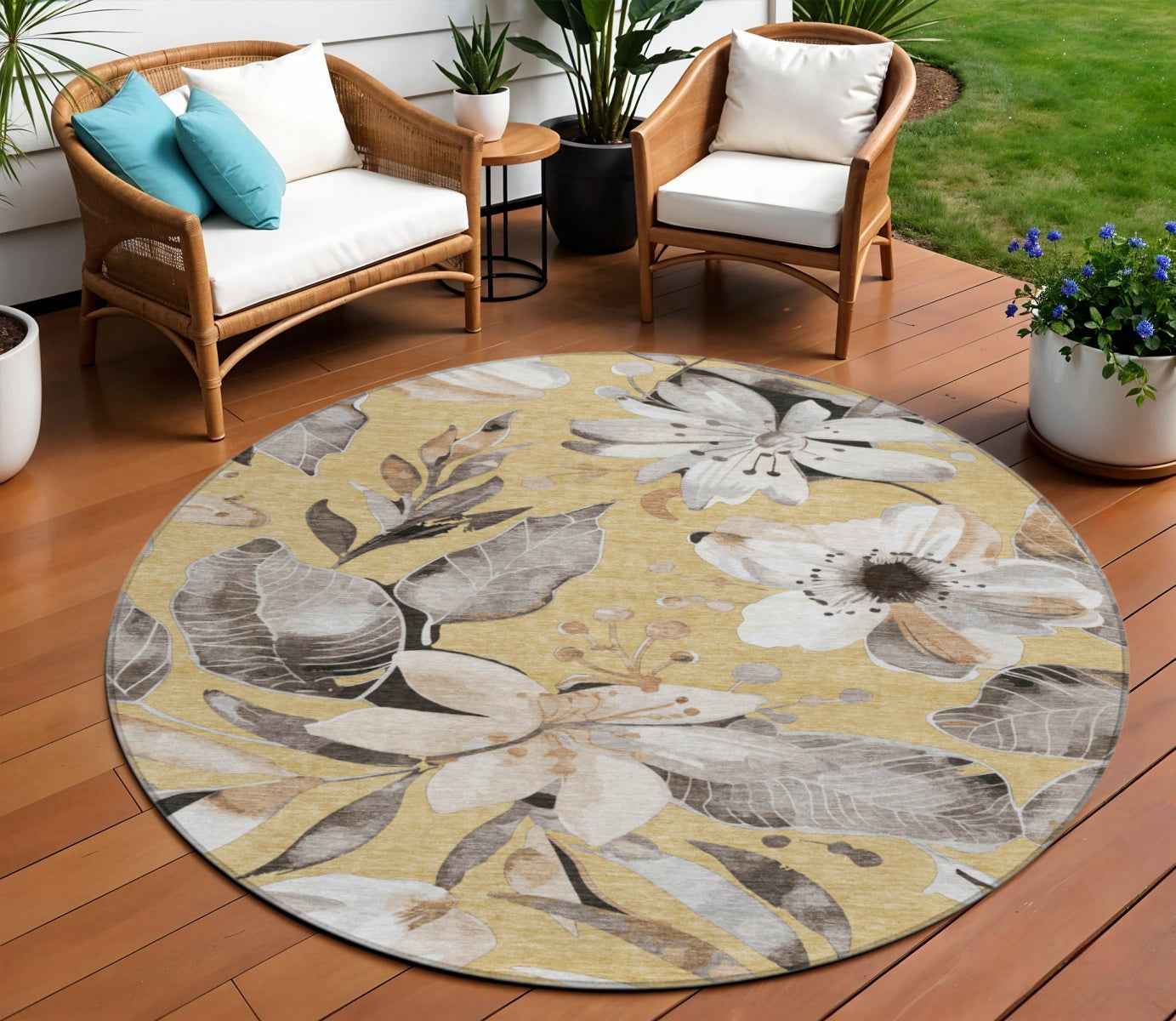 8' Gold Ivory And Charcoal Round Floral Washable Indoor Outdoor Area Rug