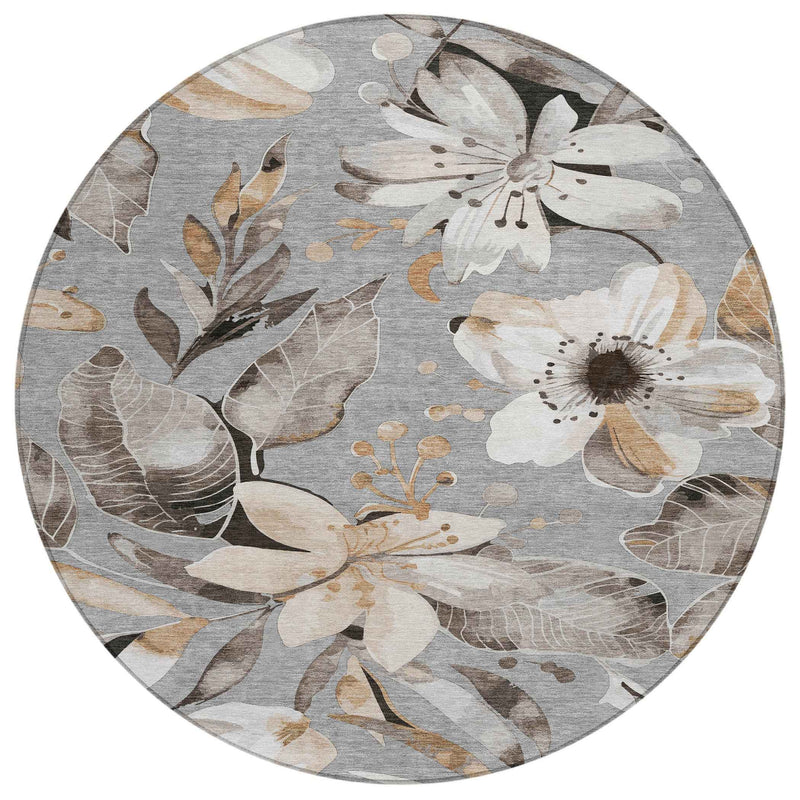 8' Gray Ivory And Charcoal Round Floral Washable Indoor Outdoor Area Rug