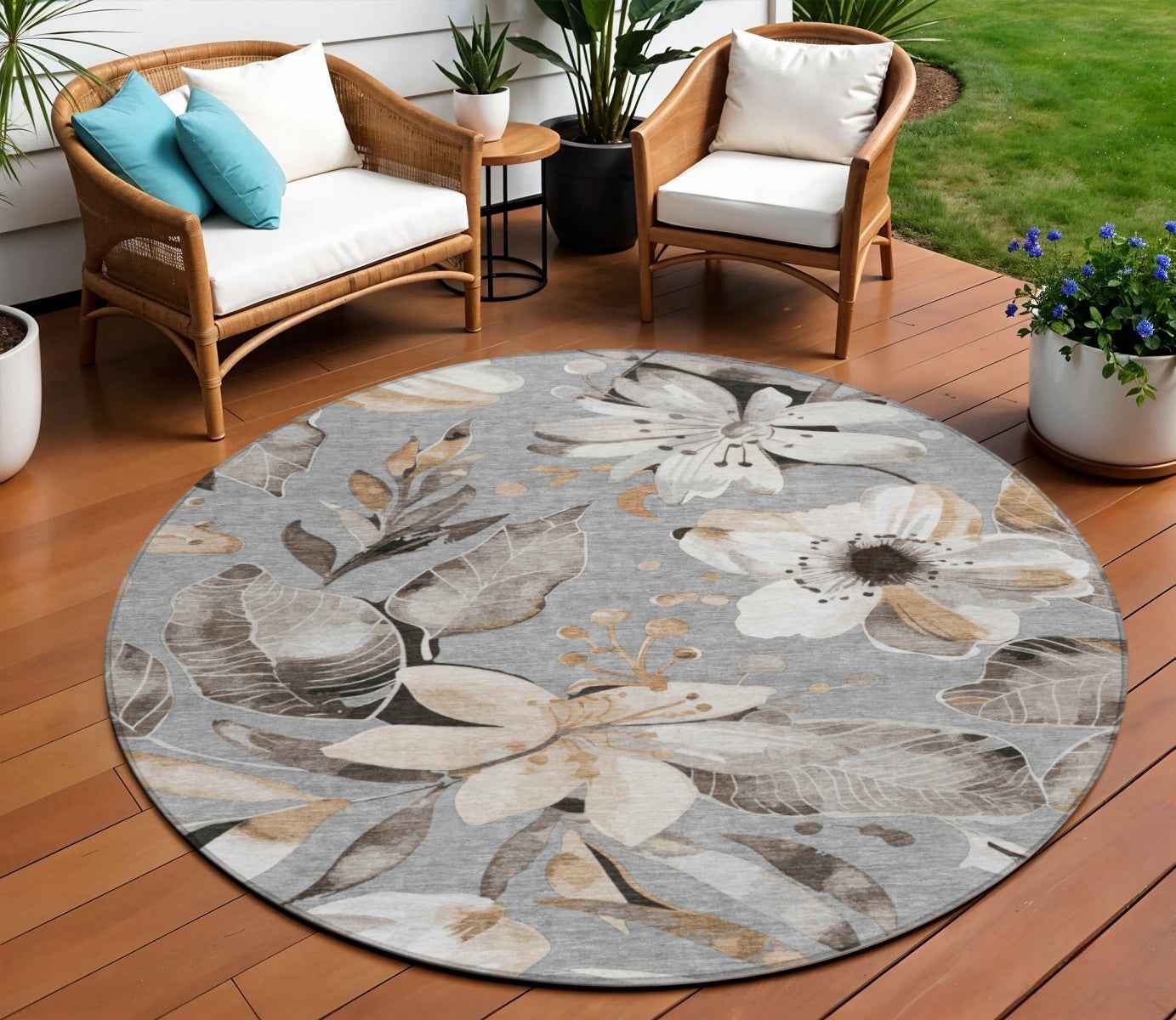 8' Gray Ivory And Charcoal Round Floral Washable Indoor Outdoor Area Rug
