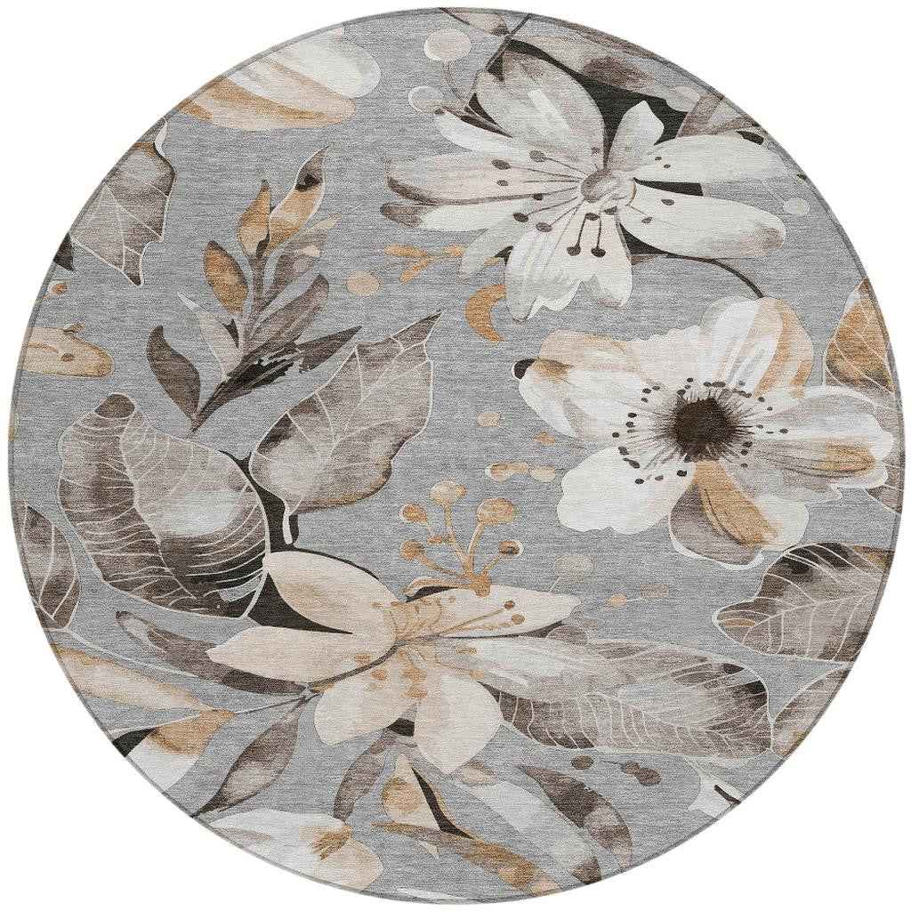 8' Gray Ivory And Charcoal Round Floral Washable Indoor Outdoor Area Rug