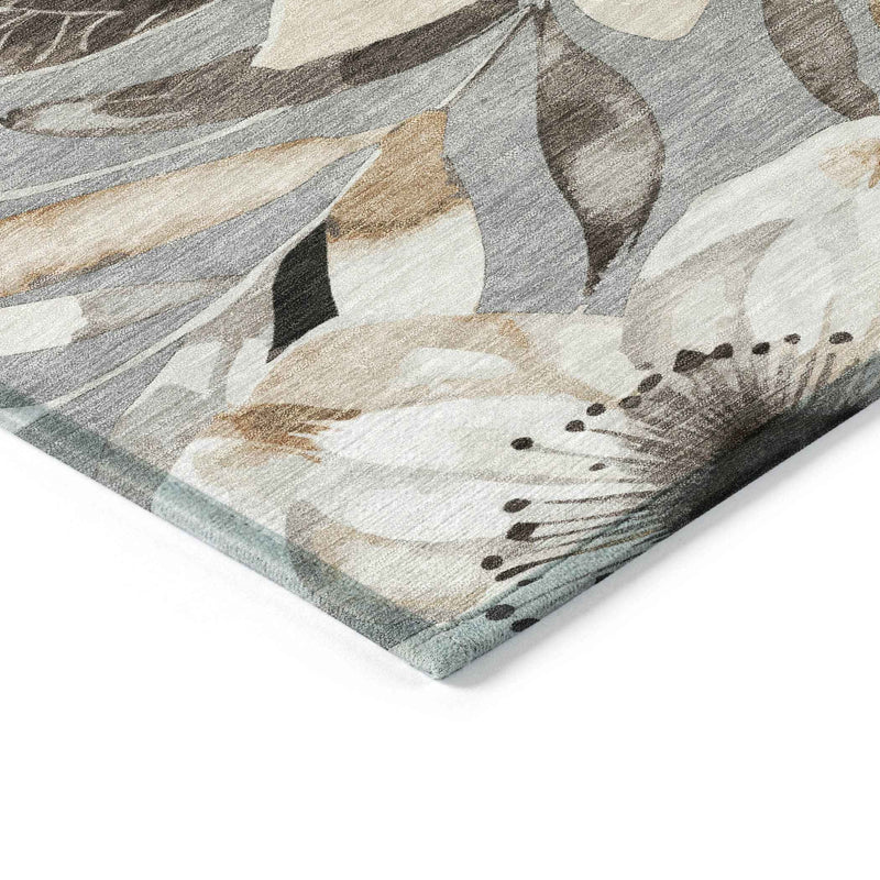 8' Gray Ivory And Charcoal Round Floral Washable Indoor Outdoor Area Rug