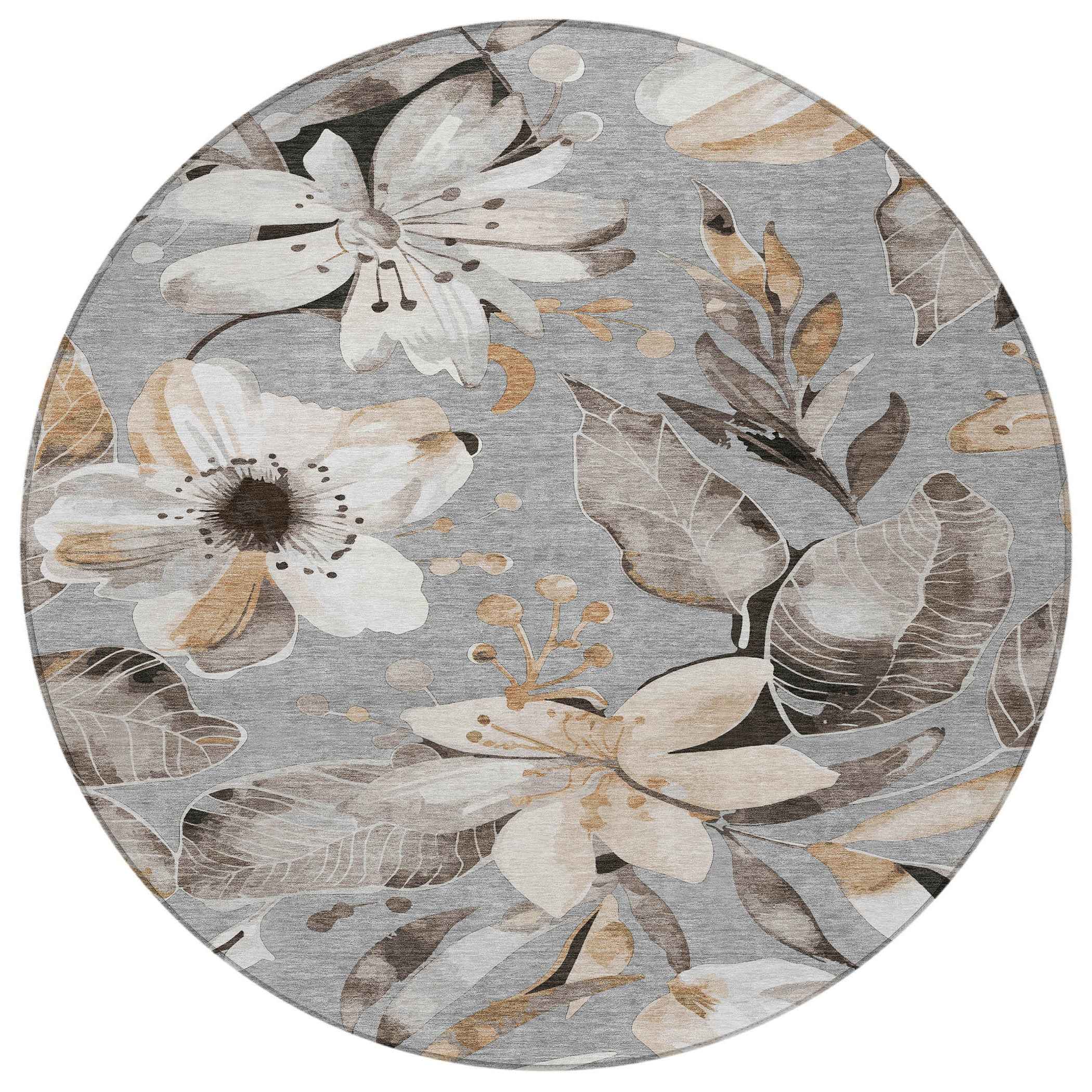 8' Gray Ivory And Charcoal Round Floral Washable Indoor Outdoor Area Rug