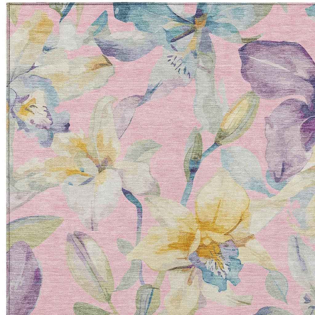 8' X 10' Pink Gold And Lavender Floral Washable Indoor Outdoor Area Rug