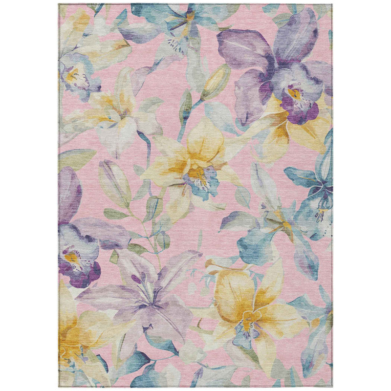 8' X 10' Pink Gold And Lavender Floral Washable Indoor Outdoor Area Rug