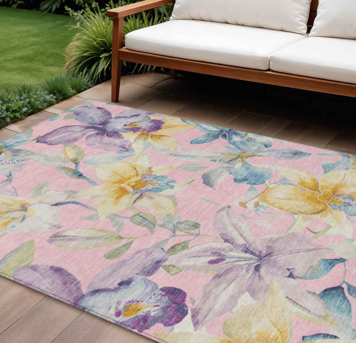 8' X 10' Pink Gold And Lavender Floral Washable Indoor Outdoor Area Rug